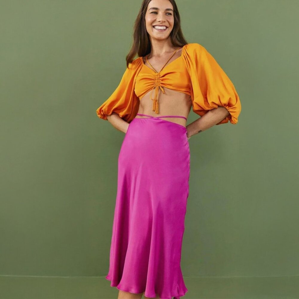 NWT Farm Rio Pink Tied Lenzing™ Ecovero™ Viscose Midi Skirt